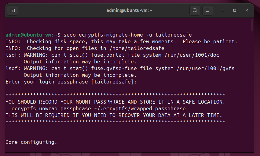 A screenshot of the messages a user sees when they run the migrate home command