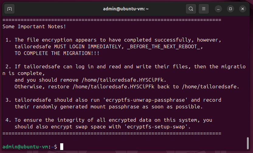 A screenshot of the success message that appears after a successful migration of the home folder