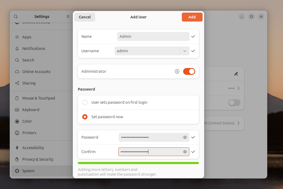 A screenshot showing an example of the user configuration settings for a new admin user.