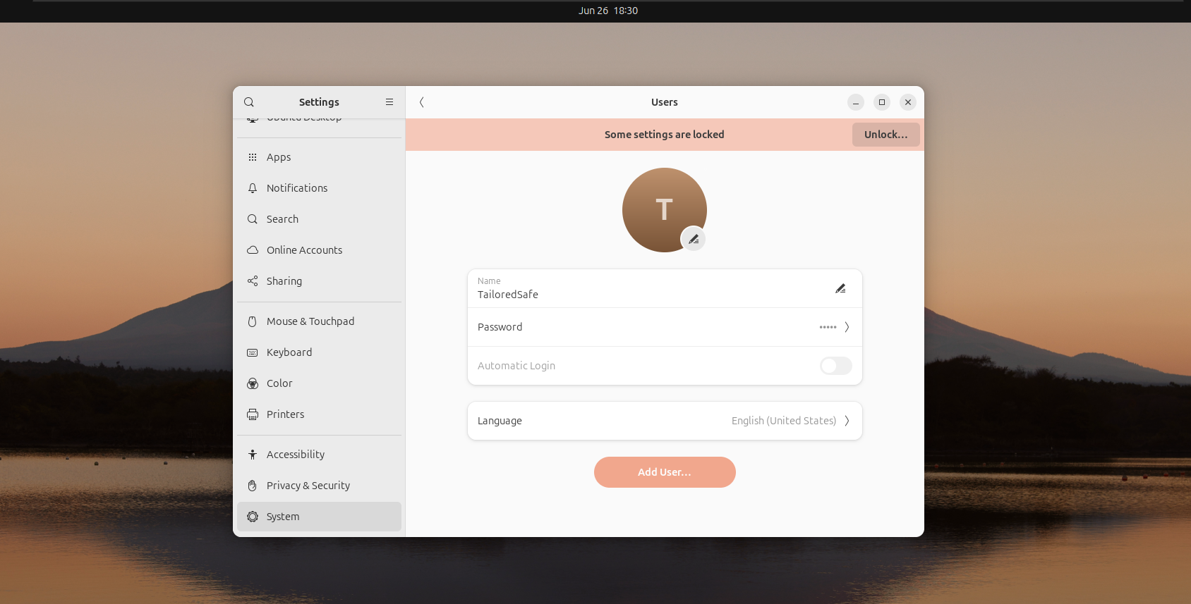 A screenshot of the Users menu in Ubuntu settings
